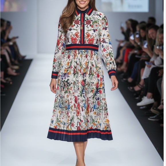 Dresses & Skirts - Floral Long Sleeve Dress with Navy Accents